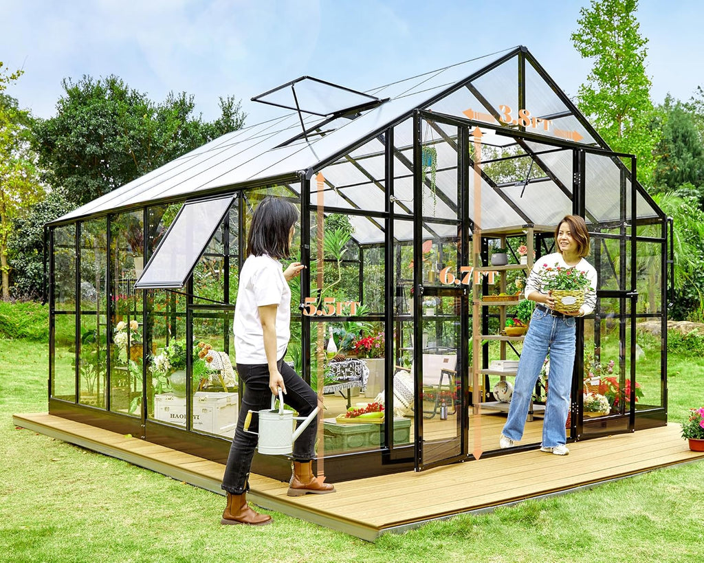 AMERLIFE 12x13.5x9 FT Hybrid Polycarbonate Greenhouse with Quick Connector Fast Assembly Clear Panels, Walk-in Large Aluminum Greenhouses for Outdoors, Swing 2 Doors 4 Vents, Black