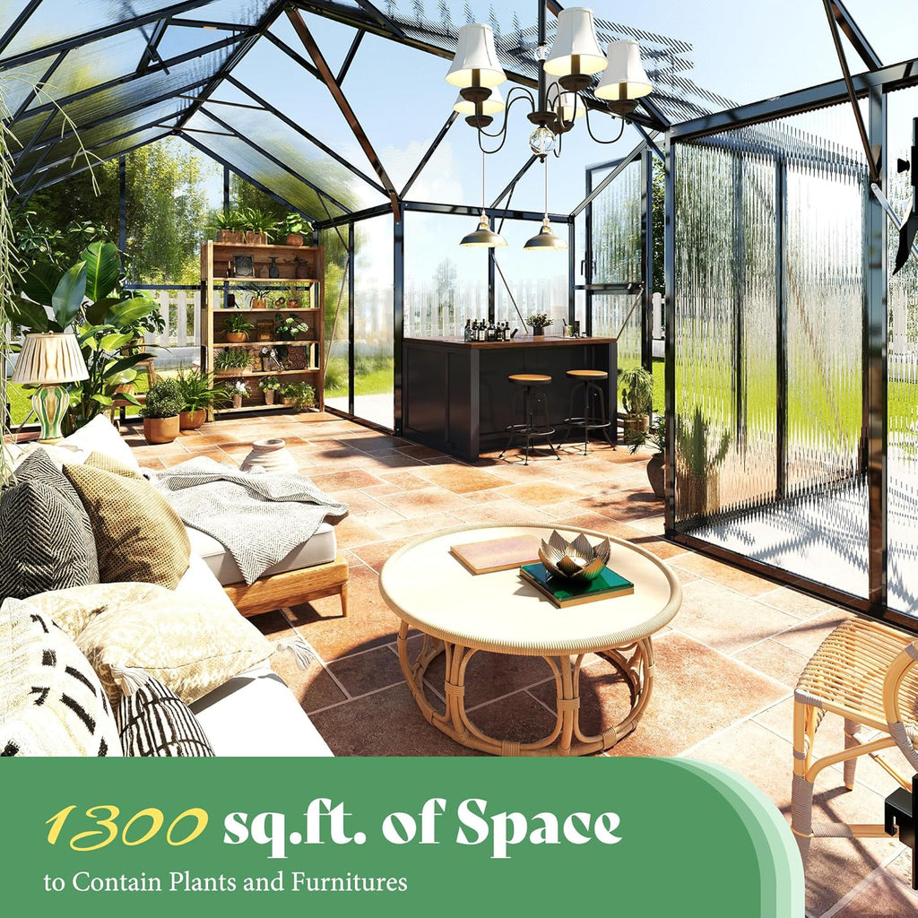 AMERLIFE 16.8 x 12 x 7 FT Outdoor Walk-in Greenhouse, Quick-Lock Assembly, Aluminum Frame with 2 Roof Vents, Double Doors & T-Shaped Design for Backyard/Garden, Black