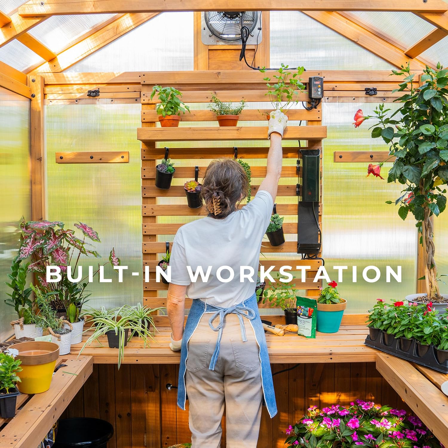 Backyard Discovery Bellerose 11' x 7' Cedar Wood and Polycarbonate Walk-In Greenhouse Kit with Pergola, Exhaust Fan, Windows, Hose Hook-Ups, PowerPort, Staging Shelves for Year-Round Outdoor Gardening