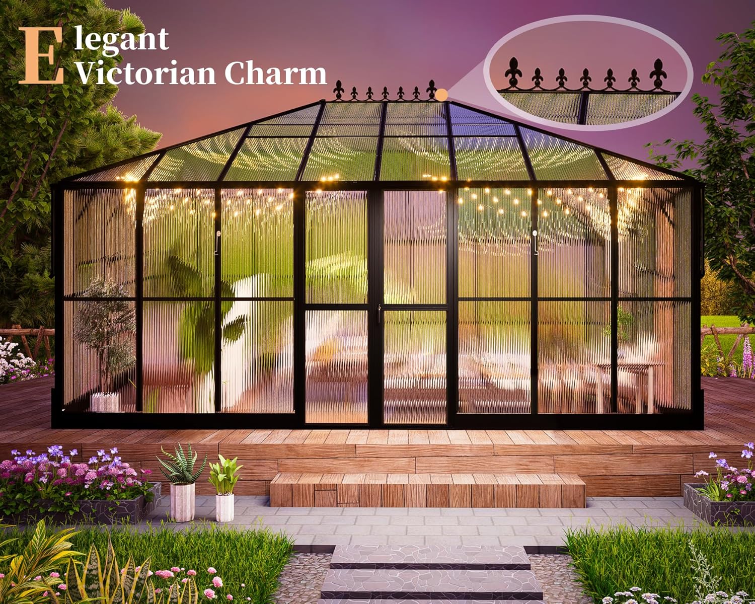 HOWE 16x12x9.5 FT Polycarbonate Greenhouse for Outdoors, Pavilion Style Greenhouse with 4 Vent Windows, Lockable Double Doors, Ideal for Garden & Patio Use, Black
