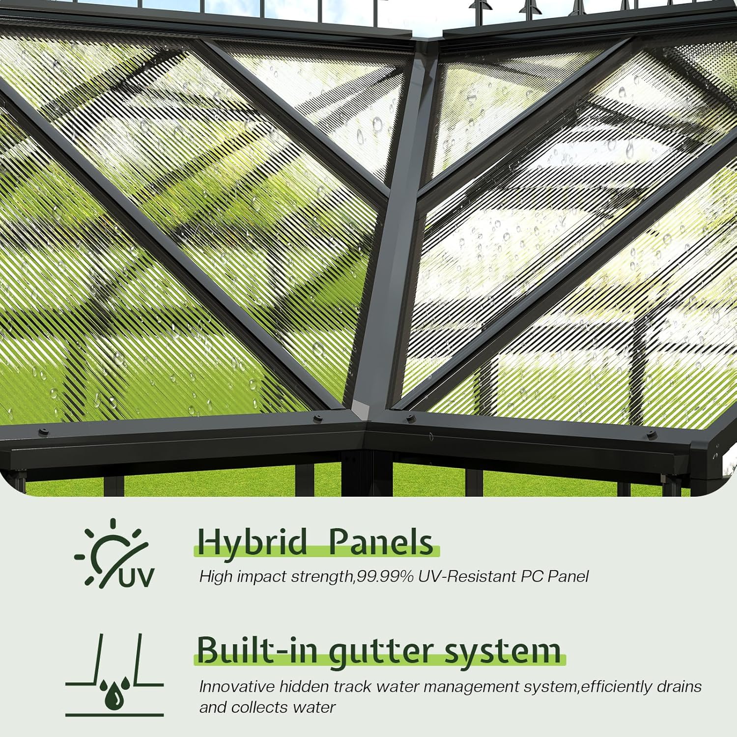 AMERLIFE 12x10x8 FT Hybrid Polycarbonate Greenhouse, Quick-Connect Aluminum Frame with Dual Roof Vents & Double Doors, Walk-in Outdoor Garden Greenhouse with Gutters, Black