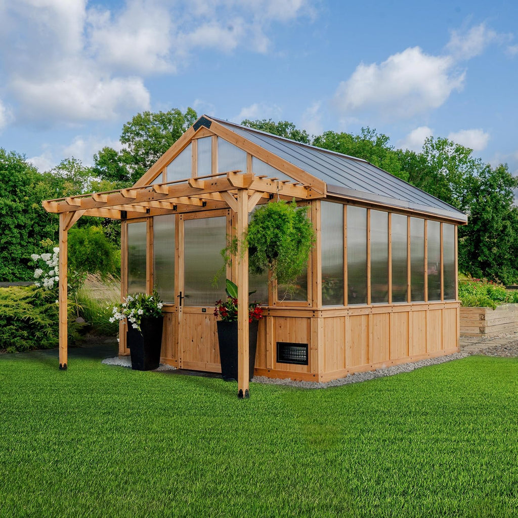Backyard Discovery Bellerose XL 13' x 11' Cedar Wood and Polycarbonate Walk-in Greenhouse Kit with Pergola, Exhaust Fan, Windows, Hose Hook-Ups, PowerPort, Staging Shelves for Outdoor Gardening