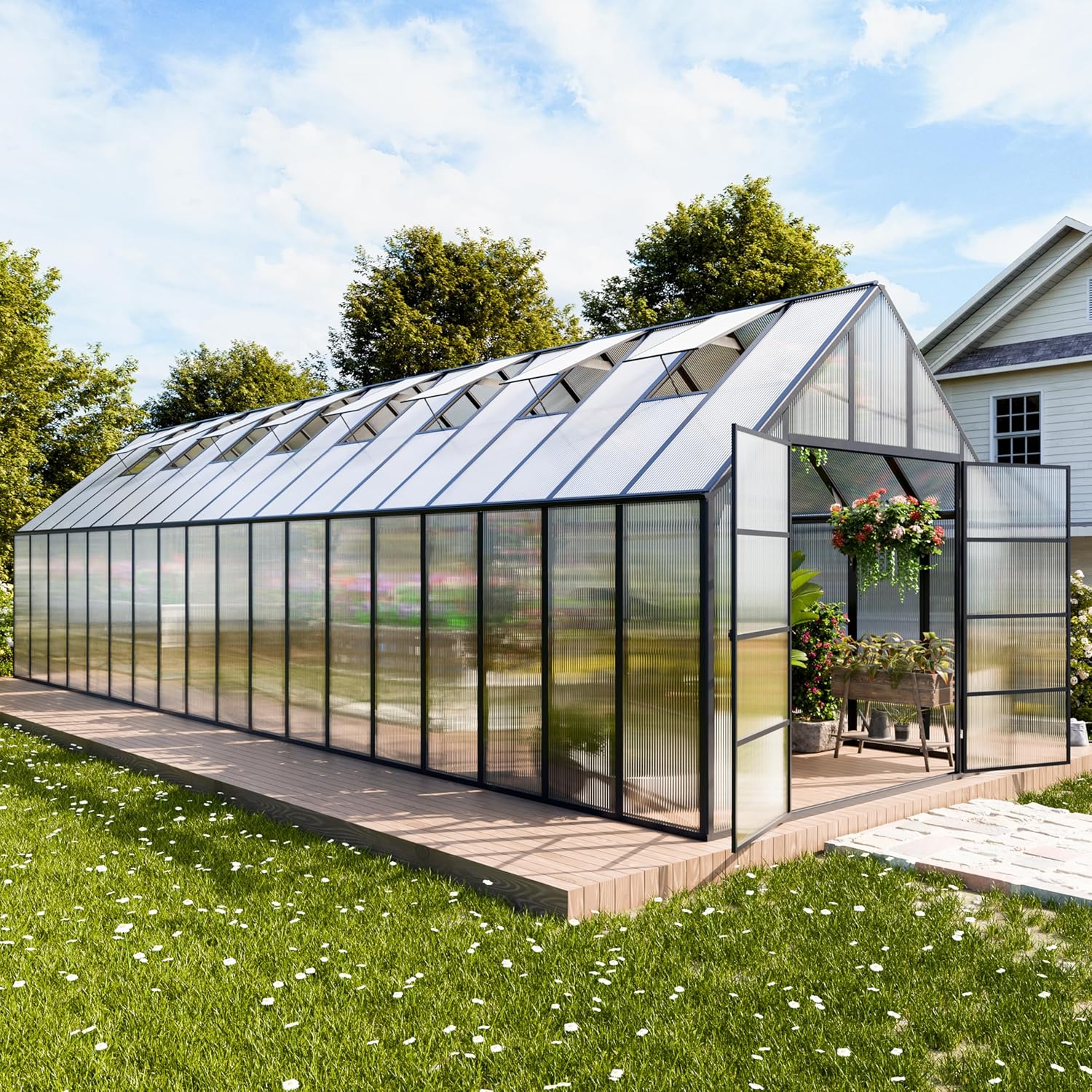 CDCASA 10x36 FT Greenhouse for Outdoors,Large Easy Assembly Thicker Aluminum Polycarbonate Greenhouses w/8 Windows, Double Door, Walk-in Green House for Outside,Patio,Backyard,Garden