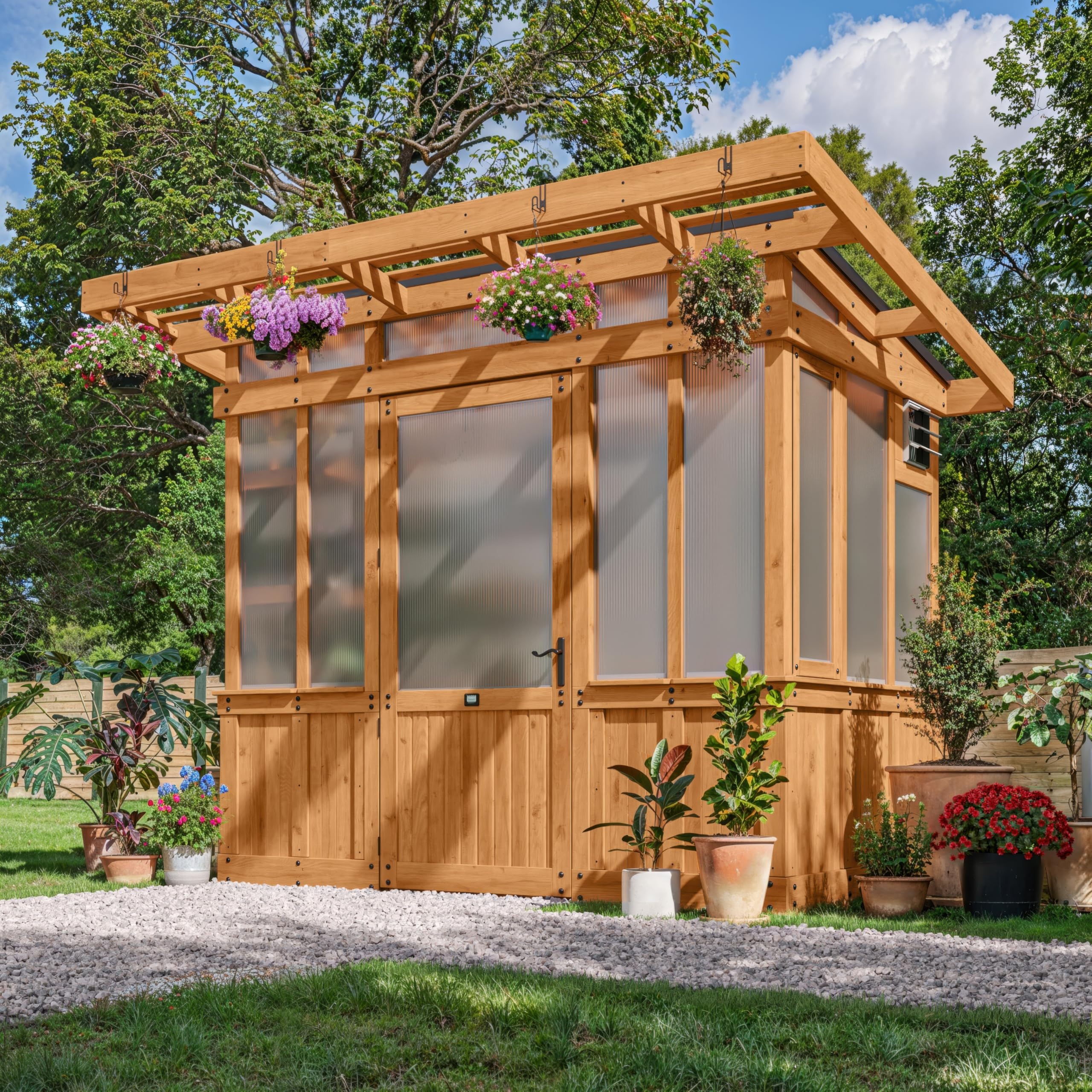 Backyard Discovery Willow 9' x 6' Cedar Wood and Polycarbonate Walk-in Greenhouse Kit with Exhaust Fan, Windows, Hose Hook-Ups, PowerPort, Staging Shelves for Year-Round Outdoor Gardening