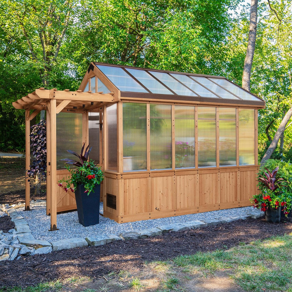 Backyard Discovery Bellerose 11' x 7' Cedar Wood and Polycarbonate Walk-In Greenhouse Kit with Pergola, Exhaust Fan, Windows, Hose Hook-Ups, PowerPort, Staging Shelves for Year-Round Outdoor Gardening