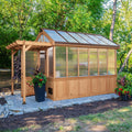 Backyard Discovery Bellerose 11' x 7' Cedar Wood and Polycarbonate Walk-In Greenhouse Kit with Pergola, Exhaust Fan, Windows, Hose Hook-Ups, PowerPort, Staging Shelves for Year-Round Outdoor Gardening