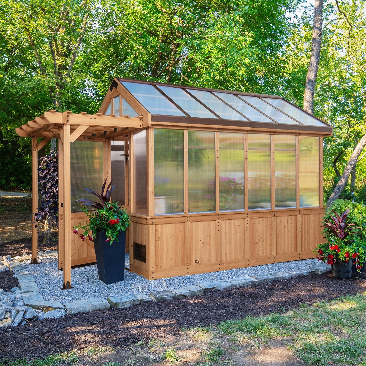 Backyard Discovery Bellerose 11' x 7' Cedar Wood and Polycarbonate Walk-In Greenhouse Kit with Pergola, Exhaust Fan, Windows, Hose Hook-Ups, PowerPort, Staging Shelves for Year-Round Outdoor Gardening