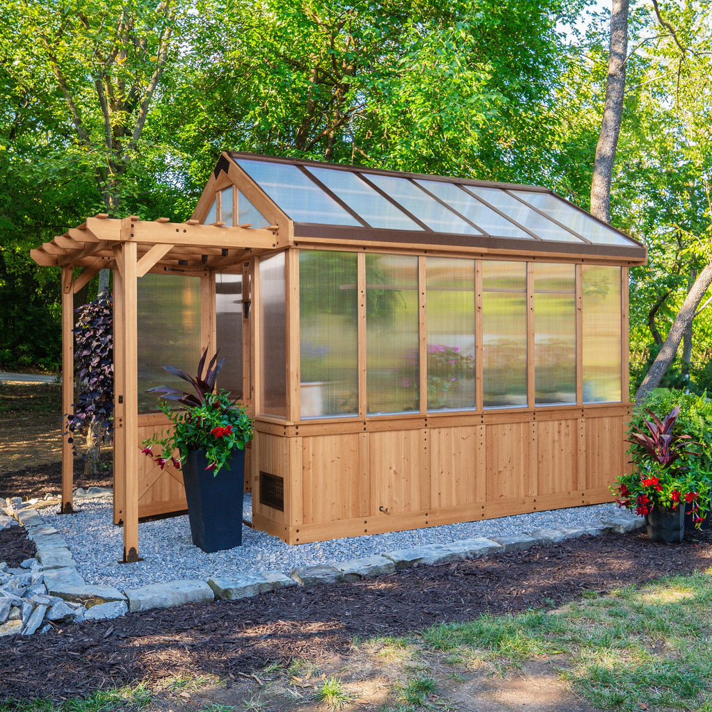 Backyard Discovery Bellerose XL 13' x 11' Cedar Wood and Polycarbonate Walk-in Greenhouse Kit with Pergola, Exhaust Fan, Windows, Hose Hook-Ups, PowerPort, Staging Shelves for Outdoor Gardening