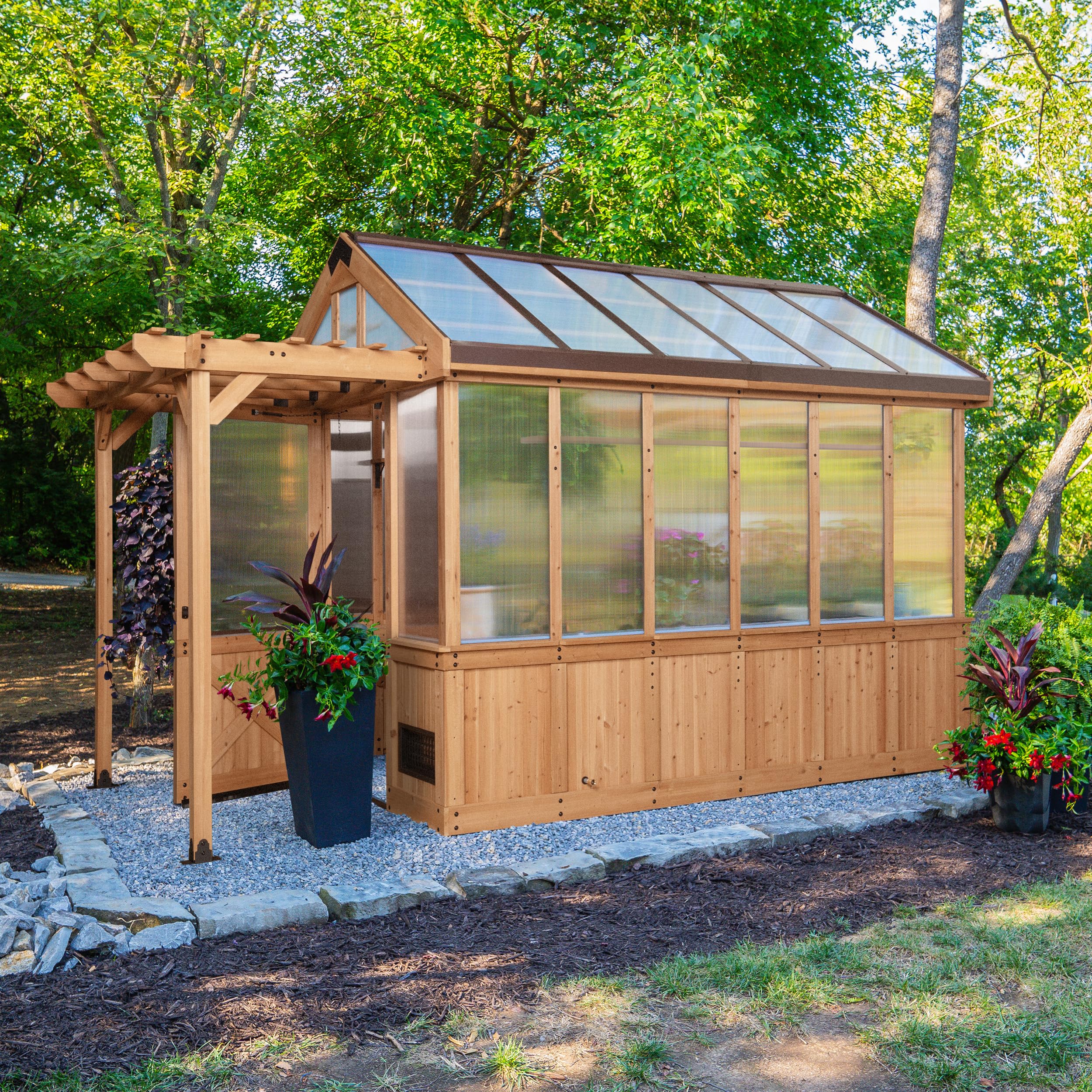 Backyard Discovery Bellerose XL 13' x 11' Cedar Wood and Polycarbonate Walk-in Greenhouse Kit with Pergola, Exhaust Fan, Windows, Hose Hook-Ups, PowerPort, Staging Shelves for Outdoor Gardening