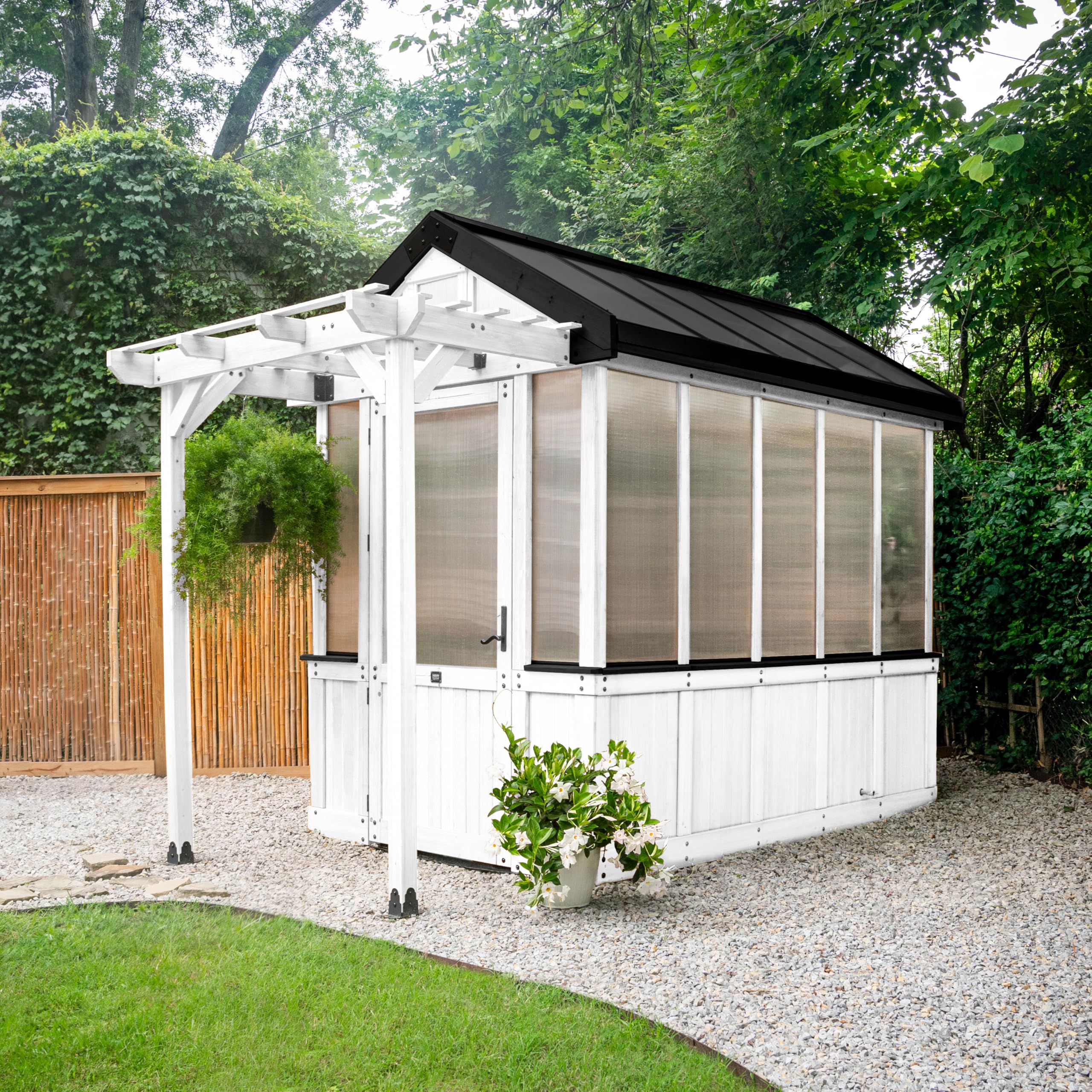 Backyard Discovery Bellerose XL 13' x 11' Cedar Wood and Polycarbonate Walk-in Greenhouse Kit with Pergola, Exhaust Fan, Windows, Hose Hook-Ups, PowerPort, Staging Shelves for Outdoor Gardening