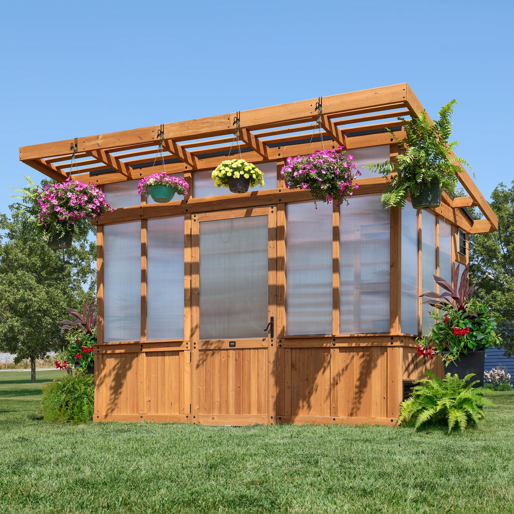 Backyard Discovery Willow 9' x 6' Cedar Wood and Polycarbonate Walk-in Greenhouse Kit with Exhaust Fan, Windows, Hose Hook-Ups, PowerPort, Staging Shelves for Year-Round Outdoor Gardening