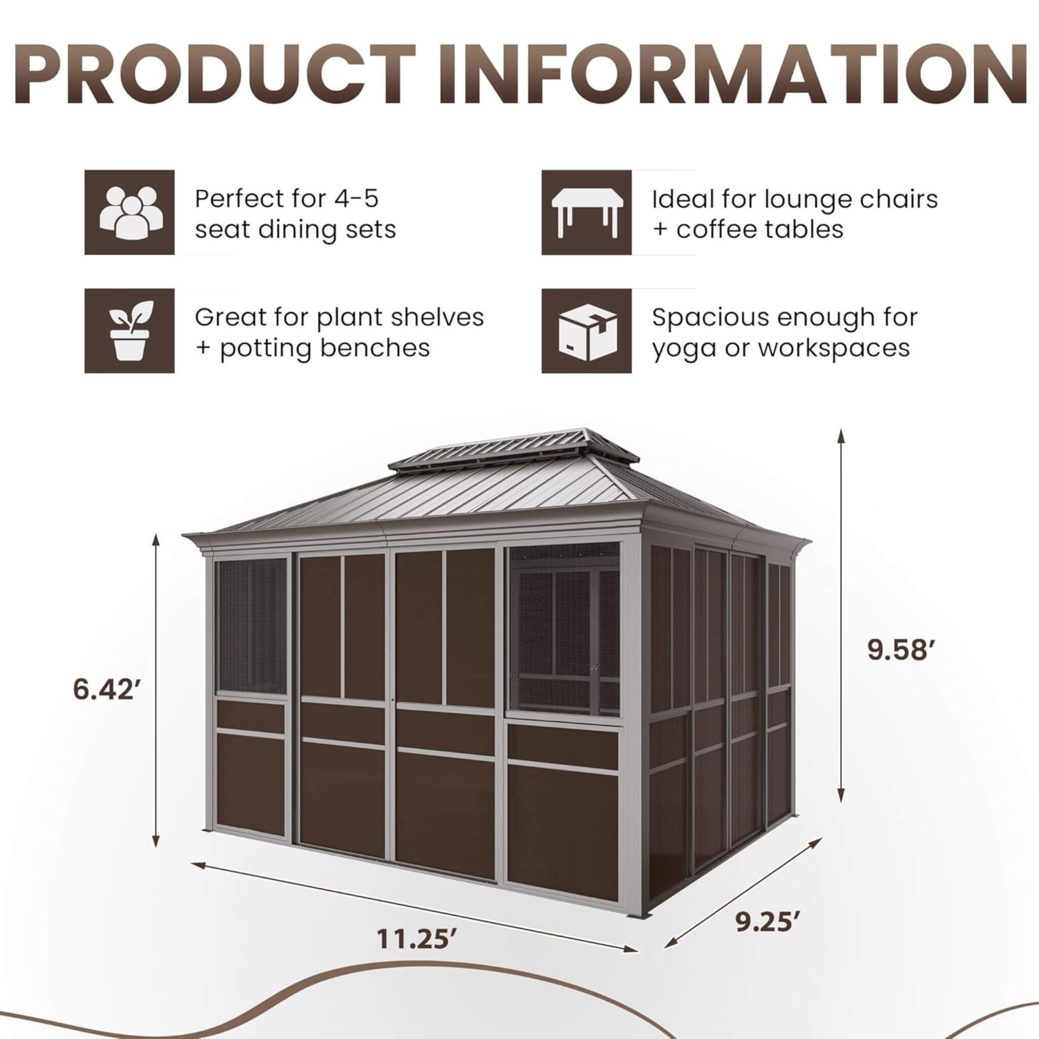 Alora Terrace Fully-Enclosed Outdoor Black Sunroom with Lockable Sliding Doors and Galvanized Double Steel Roof