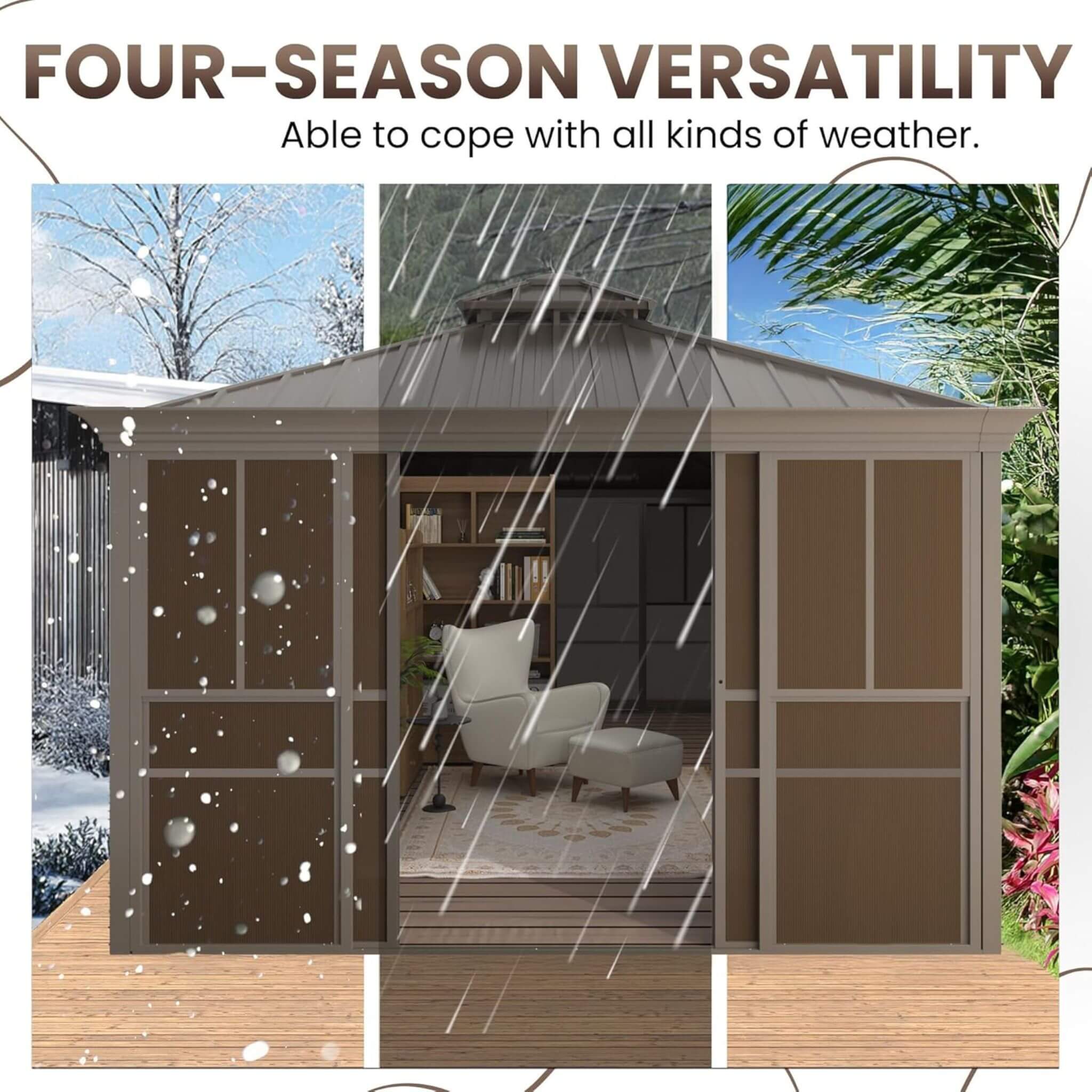 Alora Terrace Fully-Enclosed Outdoor Black Sunroom with Lockable Sliding Doors and Galvanized Double Steel Roof
