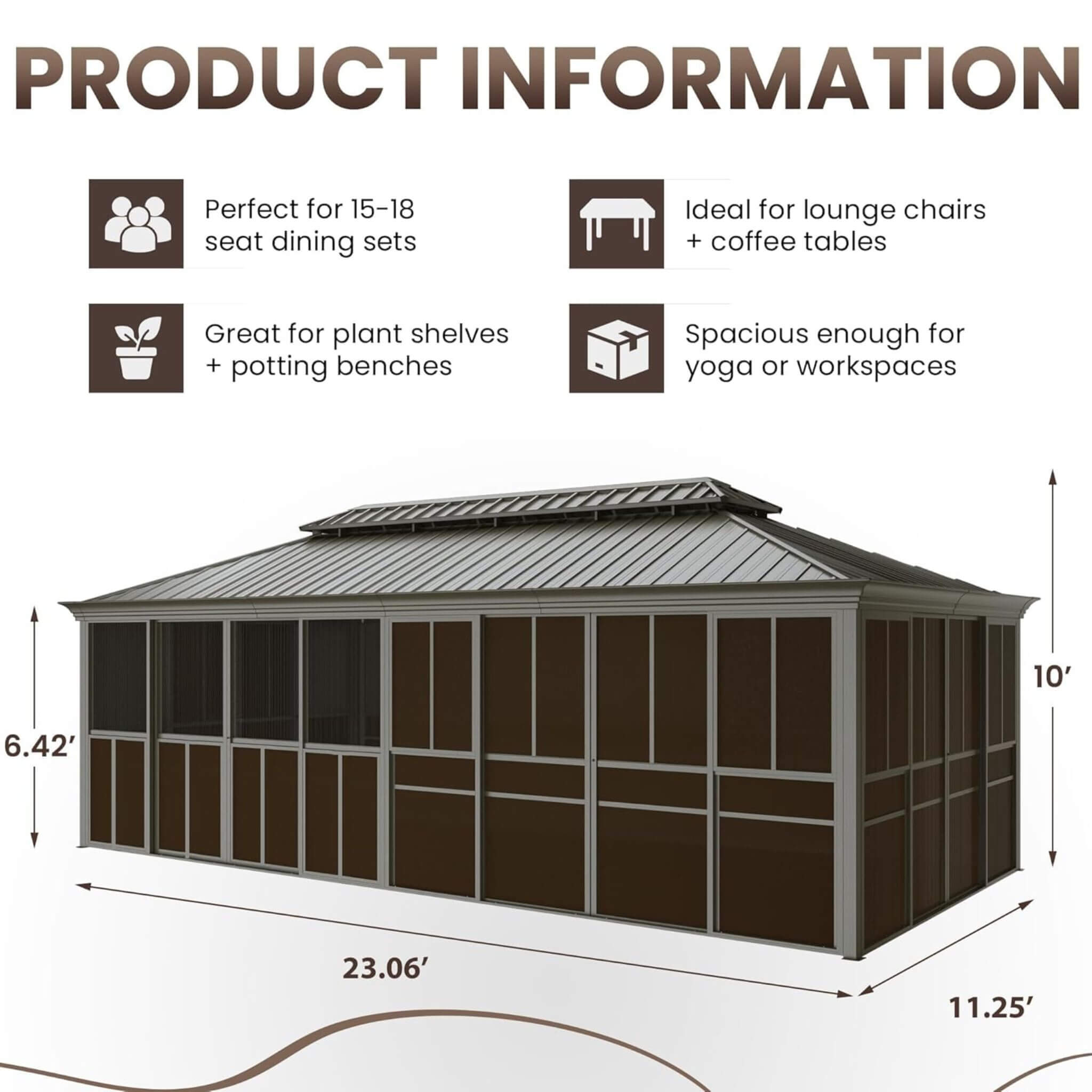 Alora Terrace Fully-Enclosed Outdoor Black Sunroom with Lockable Sliding Doors and Galvanized Double Steel Roof
