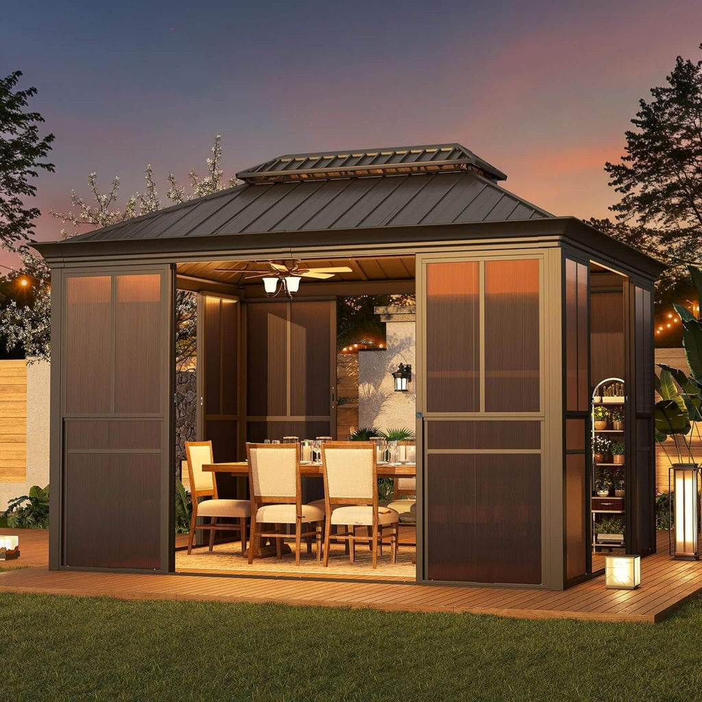 Alora Terrace Fully-Enclosed Outdoor Black Sunroom with Lockable Sliding Doors and Galvanized Double Steel Roof