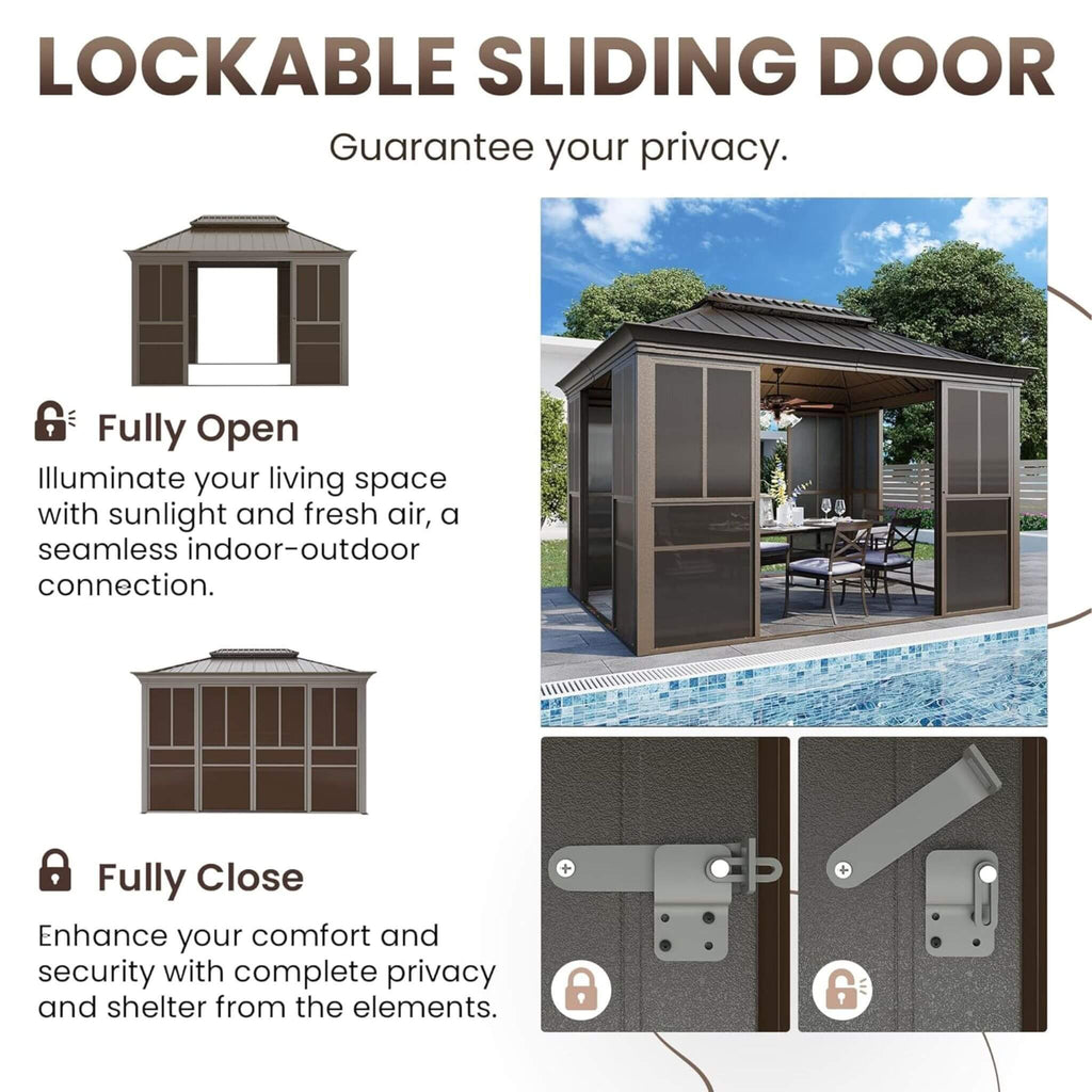 Alora Terrace Fully-Enclosed Outdoor Black Sunroom with Lockable Sliding Doors and Galvanized Double Steel Roof